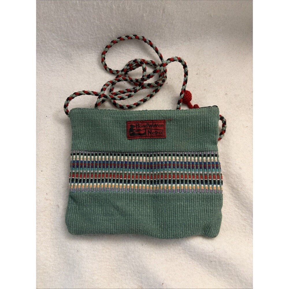 Hand Woven Nepal Multicolor Crossbody Purse Red Sage Stripe 7.5x6.5 Boho Hippie